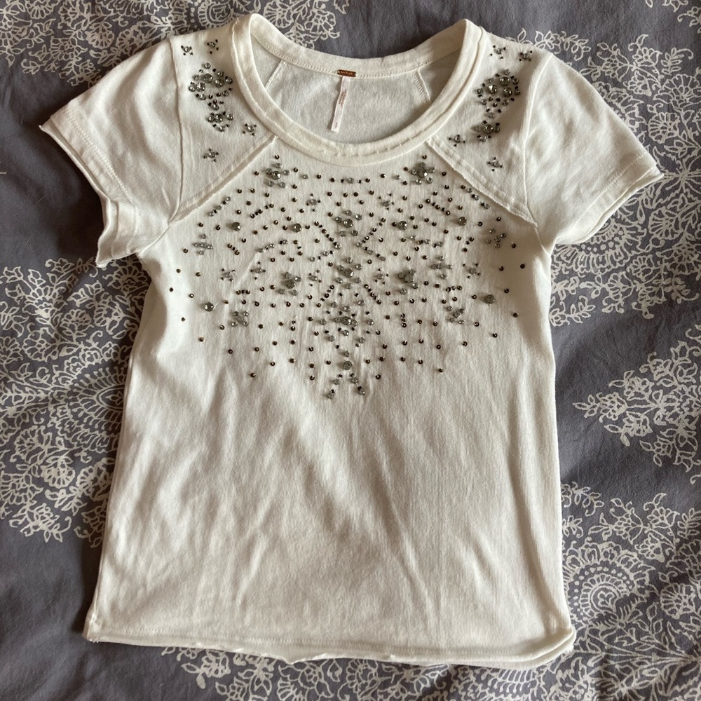 Free People Cream Short Sleeve Tee with Silver and Copper Stud Embellishment